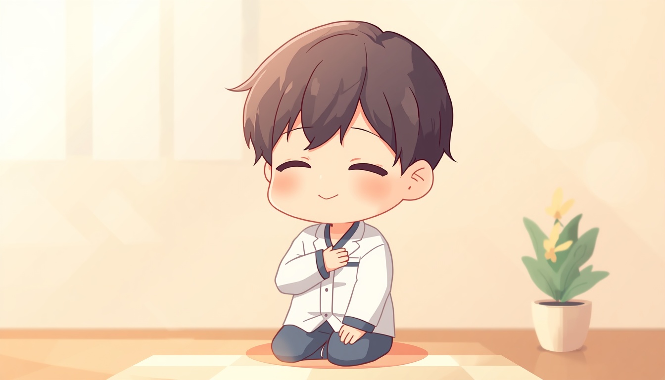 深呼吸をして一息つく男の子のイラスト
