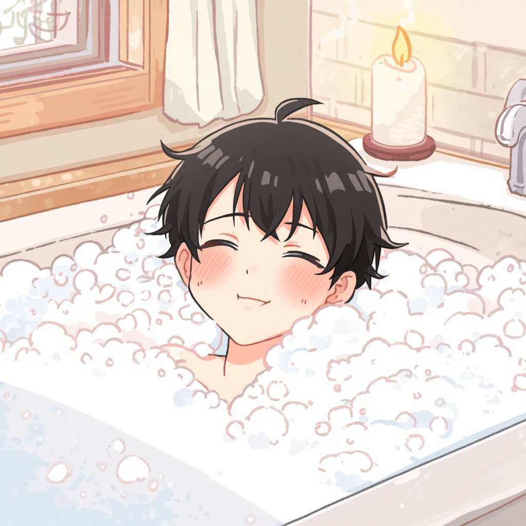 湯船でリラックスするデフォルメ男の子