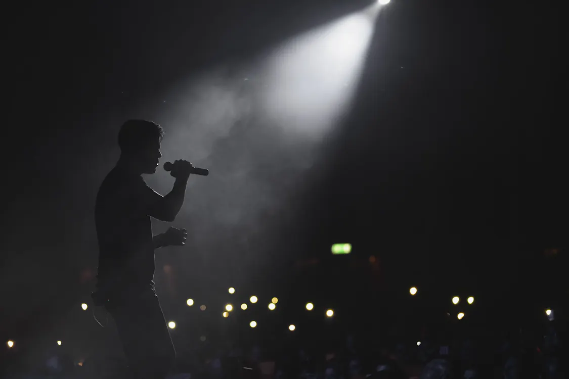 Silhouette of a singer performing under a spotlight with an audience in the dark.